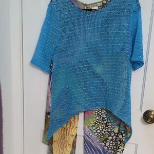 Adore Sz L Blue Mesh Short Sleeve High Low Top with Multicolor Back
